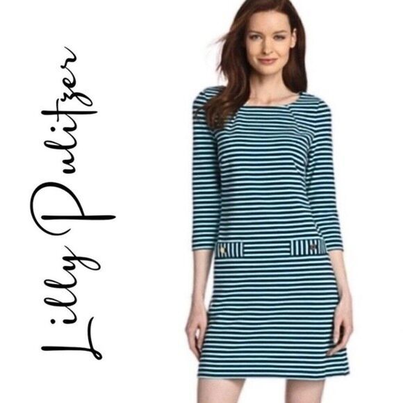 Lilly Pulitzer Charlene Aqua Stripe Ottoman Pocket Dress - Picture 2 of 11